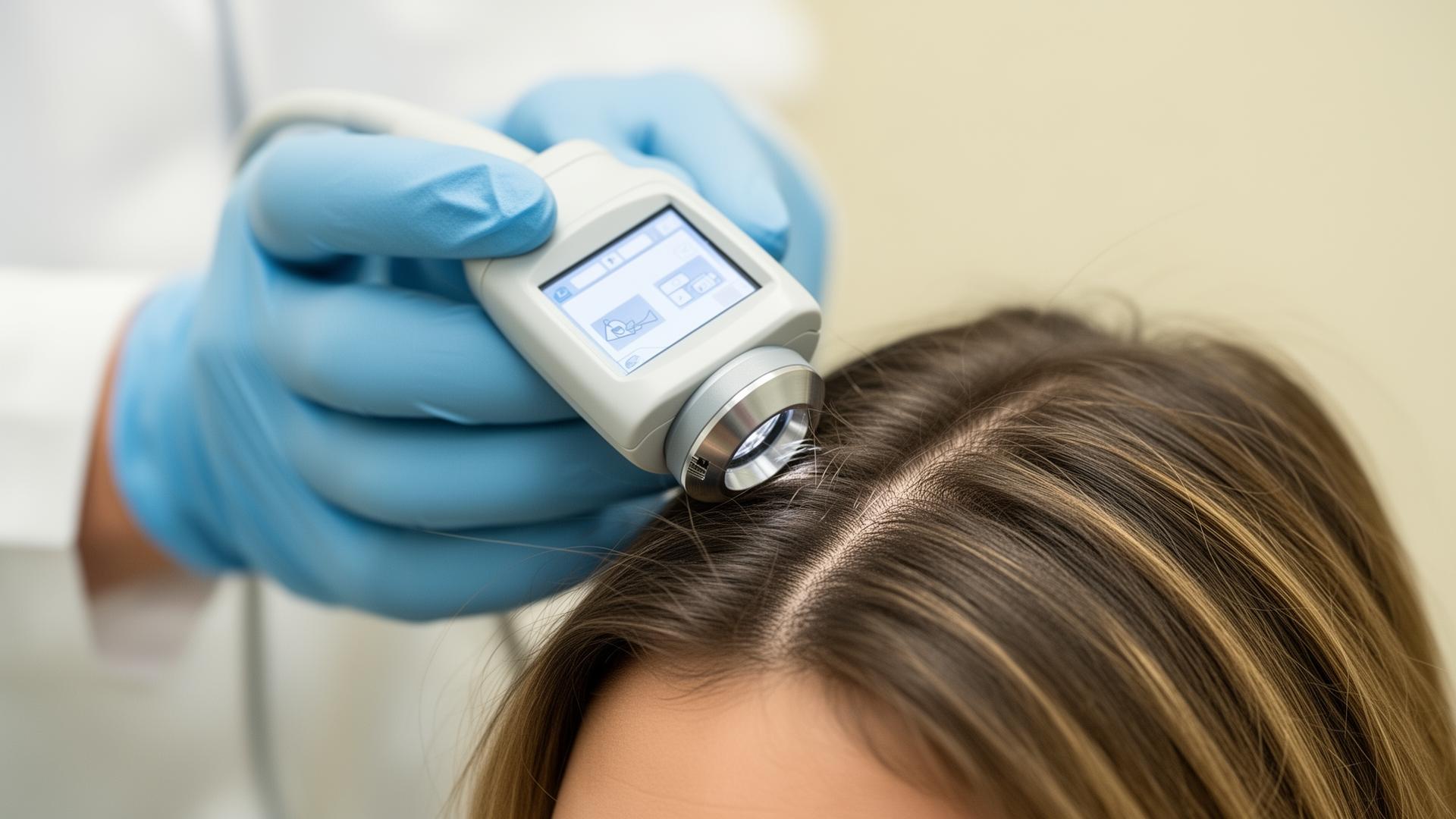 Trichologist reviewing a scalp scan with a patient inside a modern clinic